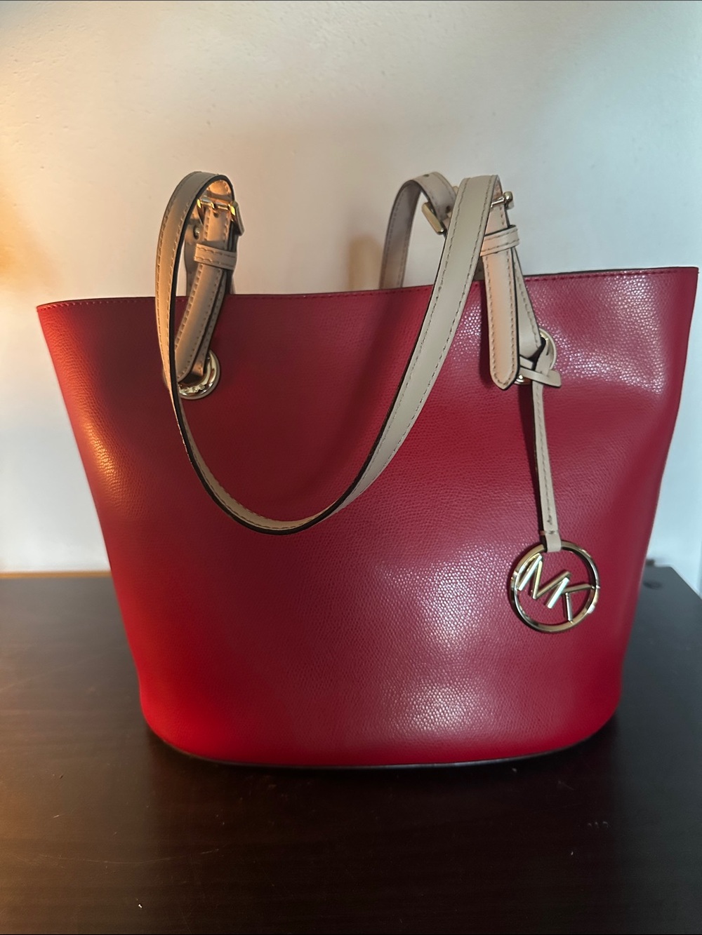 Michael Kors Red Leather Tote with Cream Shoulder Straps